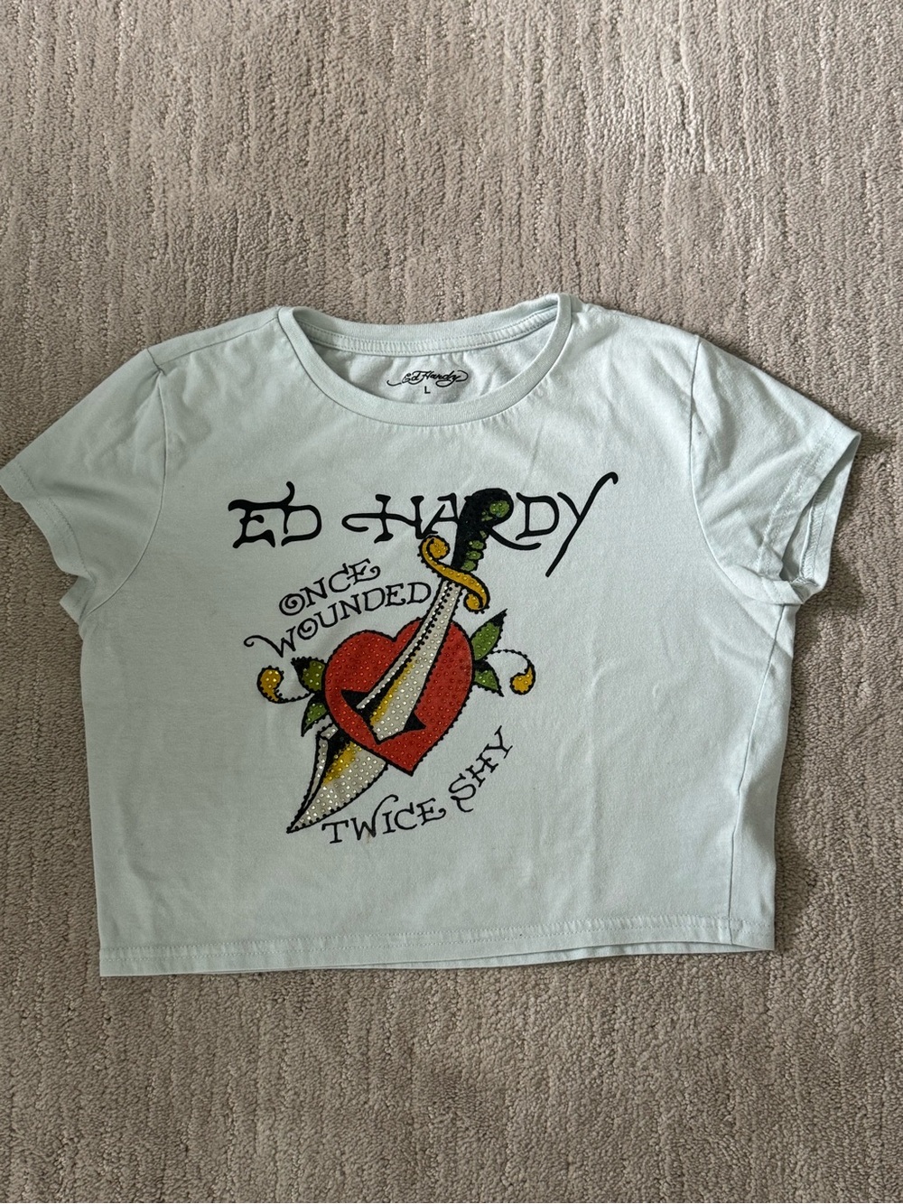 Ed Hardy Mint Graphic Crop Tee with Heart & Dagger Size Large